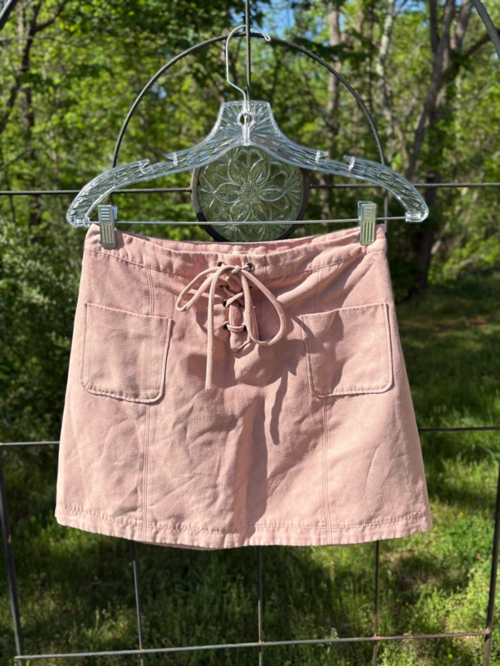 Hollister Dusty Rose Pink Mini Skirt Lace-Up Front Faux Suede Size XS S Western